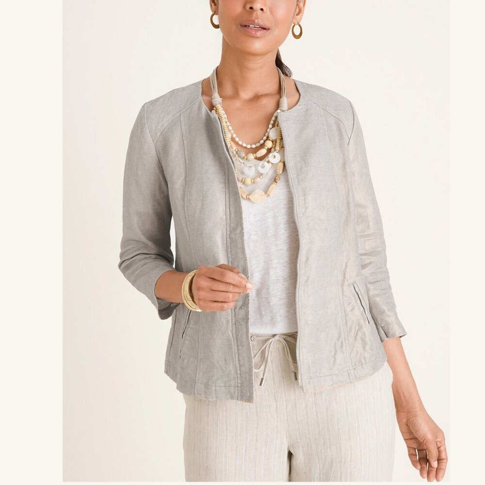 Chicos 100% Linen Foiled Jacket Metallic Silver Gray Neutrals Zip Up Lightweight